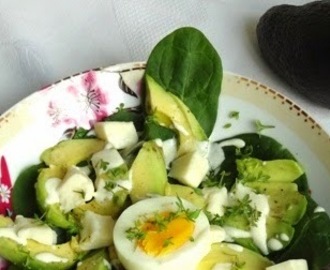 Salade met spinazie, avocado, taleggio en groene kruiden
