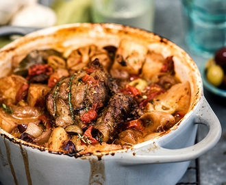 Rustic one-pot lamb stew with potatoes, tomatoes, anchovies and olives