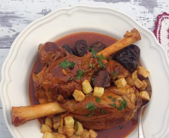 Persian Style Lamb Shanks in Tomato Sauce with Prunes & Fried Potatoes