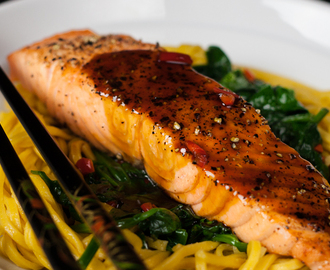 Salmon with Homemade Teriyaki Sauce, Spinach and Noodles – Fine Dining at Home!