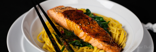 Salmon with Homemade Teriyaki Sauce, Spinach and Noodles – Fine Dining at Home!