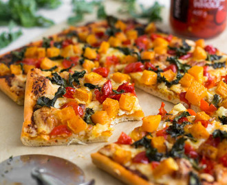Spicy butternut squash pizza with crispy kale