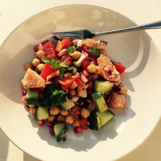 Hairy Dieters, Chickpea, Hot-Smoked Salmon and Pomegranate salad