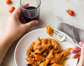 Pasta with tomato sauce, guanciale and olives + A Saveur nomination!