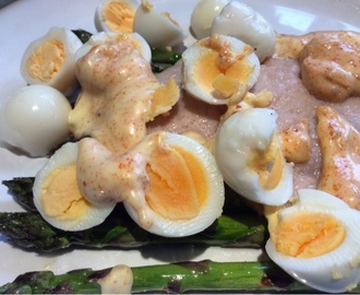Oven Baked Asparagus , Bacon, Hard Boiled Quails Eggs With Smoked Paprika Hollandaise