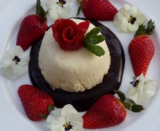 White Chocolate Bavarois with Darkest Chocolate Sauce & Strawberries