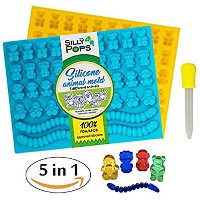 Gummy Bear Mold Bpa Free Silicone (Yellow, Blue) - Set of 2 for 86 Candies - 5 Different Types of Animals – Dropper Included – Candy Molds, Gummy Worm Mold, Chocolate Molds, Gelatin Molds, Ice Cube
