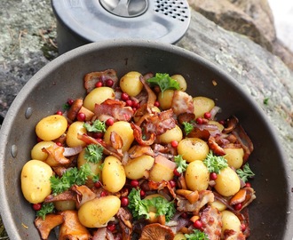 Turmat - Stekte småpoteter med nyplukka kantareller, bacon og rødløk