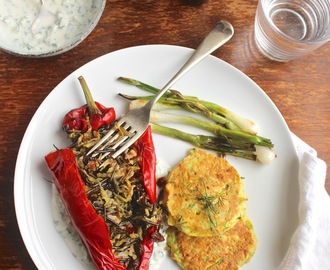 Mediterranean Stuffed Romano Peppers, Courgette Fritters & Charred Spring Onions