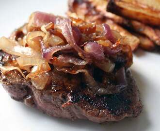 Caramelised onion marmalade recipe served with steak and chips