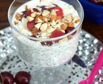 Chia Seed Pudding with Cherries, Coconut Flakes and Almonds