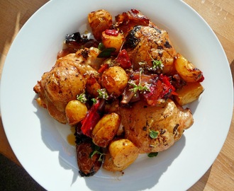 Chicken, potato and chorizo bake