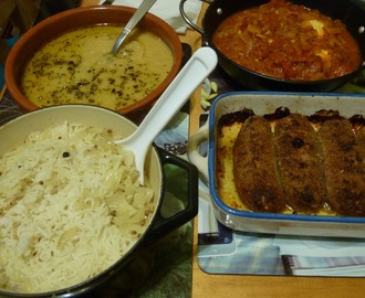 Lamb shish kebab, egg curry, dahl and pilau rice,