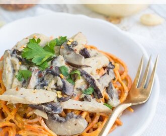 Chicken & Mushroom Sweet Potato Noodles with Vegan Quinoa Alfredo Sauce