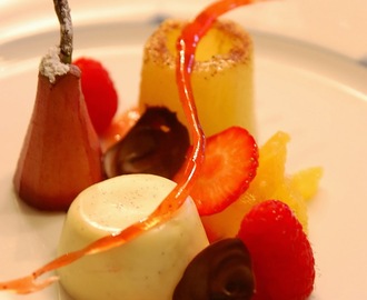 Socker&kanel inkokt päron, Yogurt och vaniljepudding med jordgubbsflarn och choklad