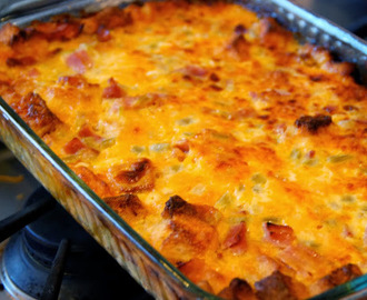 Breakfast Strata with ham, cheddar and more cheddar