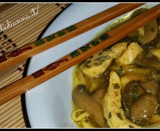 Ricetta cinese: Pollo con funghi e bambù.