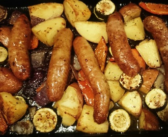 Recipe: All-in-one sausage and vegetable roast with mustard dressing