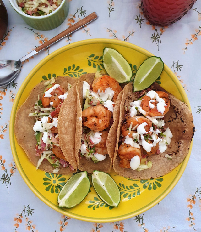 Shrimp tacos with cabbage salad