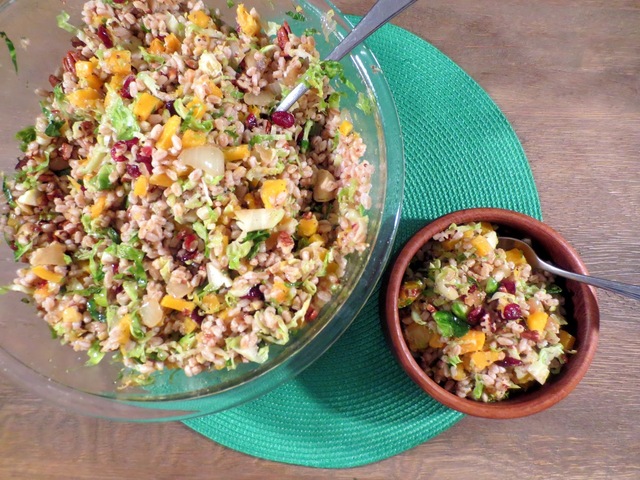 Butternut Farro Salad with Brussels Sprouts, Dried Cranberries and Toasted Pecans
