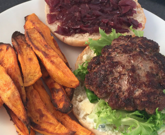 Homemade Blue Cheese and Red Onion Jam Beef Burgers