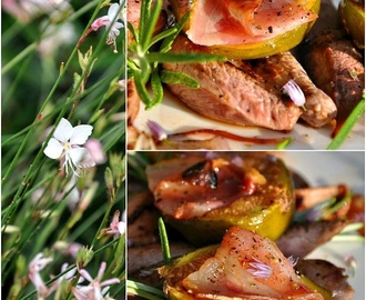 Aiguillettes de canard et figues rôties au miel, romarin et pancetta
