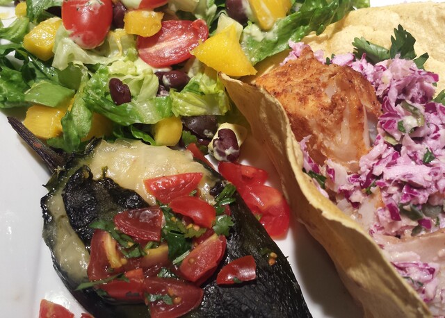 Mexican Trio – Fish Tacos, Chile Rellenos & Black Bean and Mango Salad with Avocado Ranch