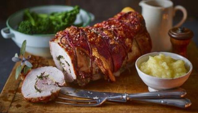 Rolled roast loin of pork with homemade apple sauce