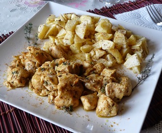 Pollo con especias y patatas fritas