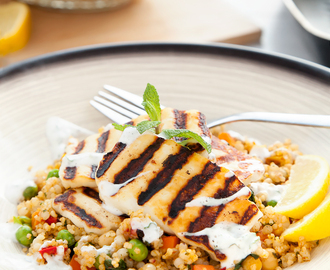 Grilled halloumi vegetable couscous with a yoghurt mint dressing