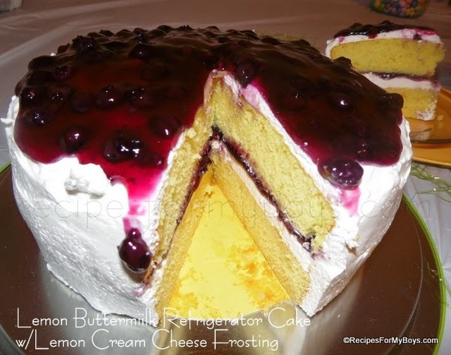 Lemon Buttermilk Refrigerator Cake with Lemon  Cream Cheese Frosting and Blueberry Topping