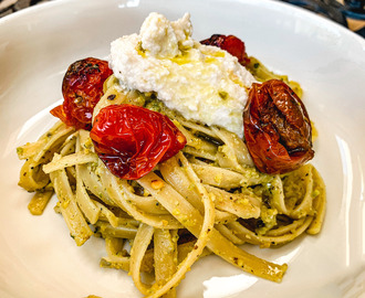 PISTACHIO PASTA WITH ROASTED TOMATOES AND TRUFFLE RICOTTA