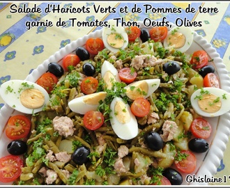 Salade d'Haricots verts et de Pommes de terre, garnie de tomates, thon, oeufs, olives