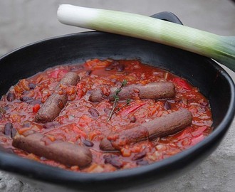 Very Red Pepper and Kidney Bean Casserole with Vegan Sausages