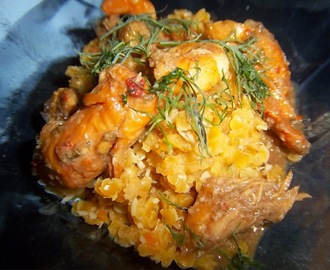 Exotische Kokos Dhal Linsen mit Lachs und Garnelen ( Indisches Fisch Curry)