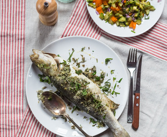 The food blogger’s diet. Baked sea bass with fresh herbs from the garden