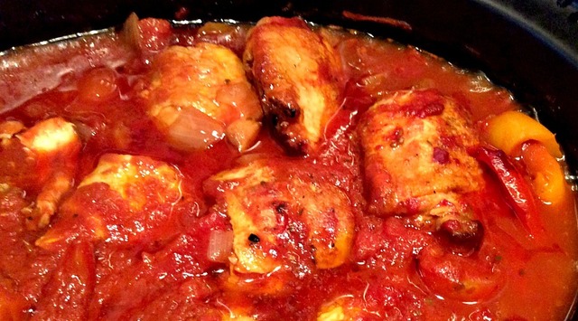 Slow Cooker Chicken Thighs with Tomatoes and Peppers