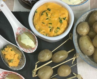 Patatitas Con Dos Salsas: Mayonesa De Cebollino Y Cheddar Con Espinacas