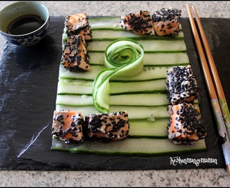 Recettes autour d'un ingrédient , le sésame sous toutes ses formes : tataki de saumon au sésame noir , concombre à l'huile de sésame grillé