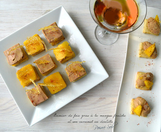 Damier de foie gras à la mangue fraîche et son caramel en dentelle