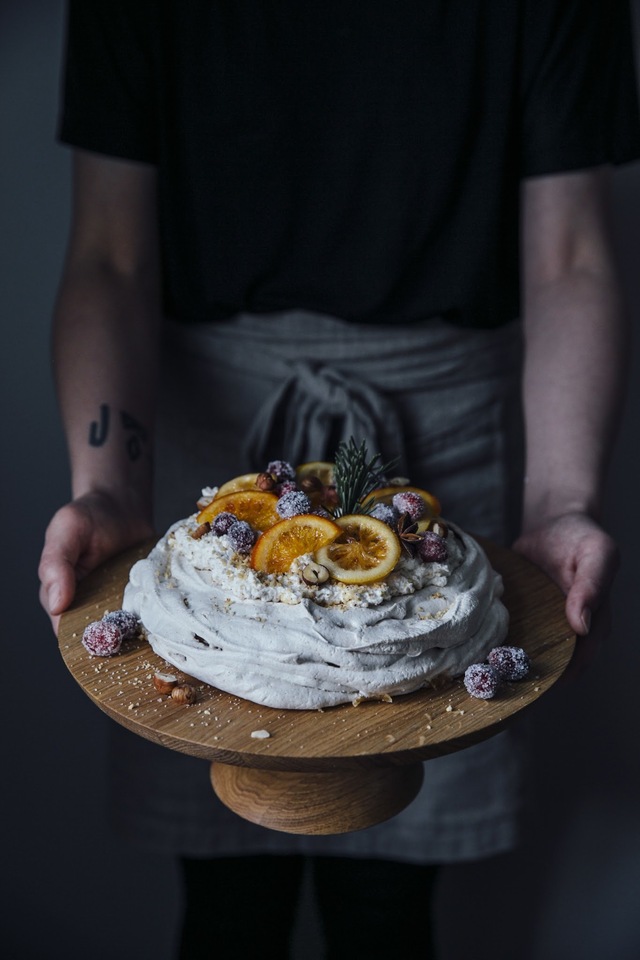 christmas pavlova with sugared cranberries and orange & citron slices