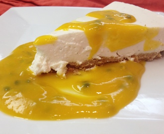 Greek Yogurt Chiffon Cheesecake with Mango-Passionfruit Sauce