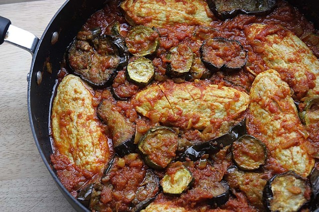 Iranian Style Quorn 'Chicken' Stew with Aubergines and Courgettes