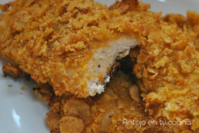 Pollo crujiente con miel y mostaza {al horno y sin huevo}