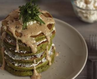 Spinach Pancakes with Feta Cream Cheese and Homemade Sesame Coconut Sauce