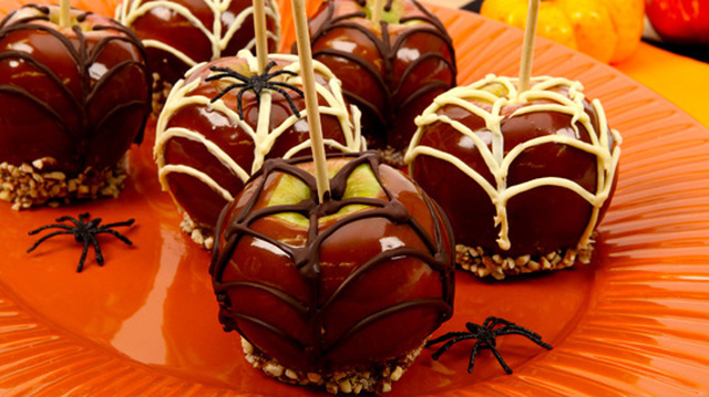 Caramel Apples
	            
large apples
granulated sugar
packed brown sugar
unsalted butter
sweetened condensed milk
corn syrup
salt
vanilla
chopped toasted almonds or pecans
bittersweet chocolate
milk chocolate
white chocolate