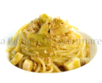 Le mie ricette - Spaghetti ‘ammollicati’ con pesce spada e crema di fiori di zucchine alla colatura di alici