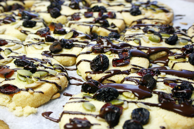 shortbread biscuits with chocolate, mixed seeds and fruit