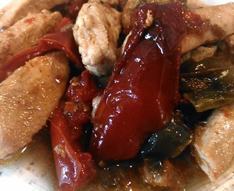 Pollo con pimientos en salsa de soja y jengibre sin gluten