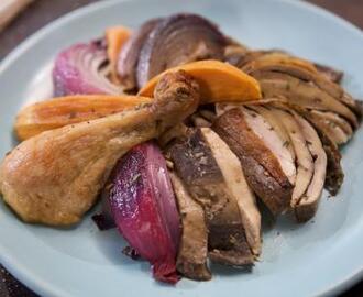 Marinated Portobello Stuffed Whole Chicken with Roasted Sweet Potatoes and Red Onion